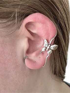 Vintage 925 Sterling Silver Butterfly Ear Cuff Rhinestone Fairycore Adjustable